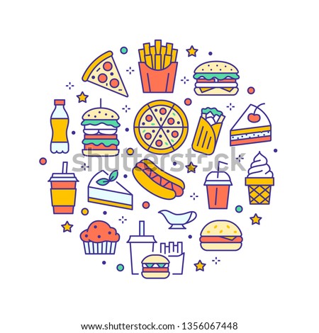 Fast food circle illustration with flat line icons. Thin vector signs for restaurant menu poster - burger, french fries, soda, pizza, hot dog, cheesecake, coffee, ice cream. Junk food colored concept.
