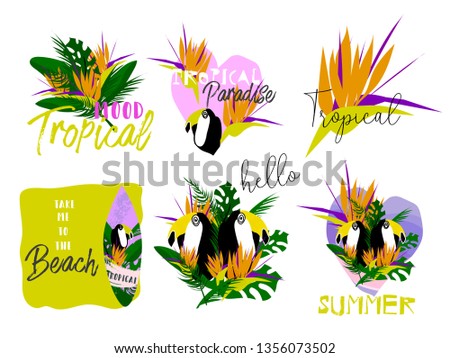 Cute cartoon topical summer set of bright stickers in collage style with hand drawn textures. Trendy chic hawaiian prints for apparel or typography