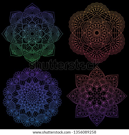 Set of 4 Round gradient mandala on Black isolated background. Vector boho mandala in pink colors. Mandala with floral patterns. Vector Illustrations