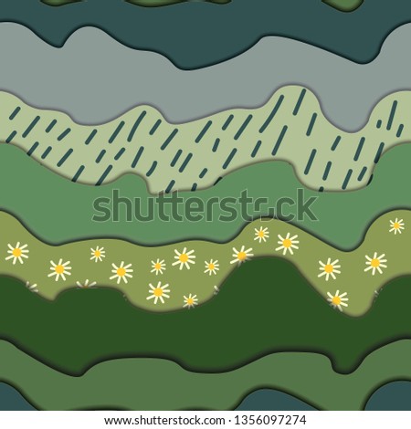 Seamless pattern. Layers of cut paper. Grass with daisies and clouds.