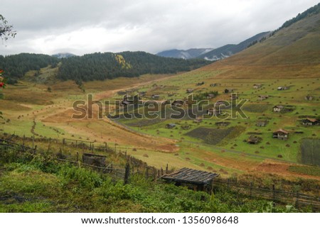 View on abandoned houses and farms in Shenako, a highland village in the eastern Georgian region of Kakheti, located on the southern slope of the Greater Caucasus, 