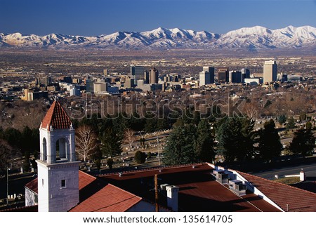 Salt Lake City and snow capped Wasatch Mountains in the background