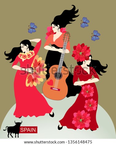 Three spanish woman - musician and flamenco daners - are posing on green backgrouned. Vertical card, banner.