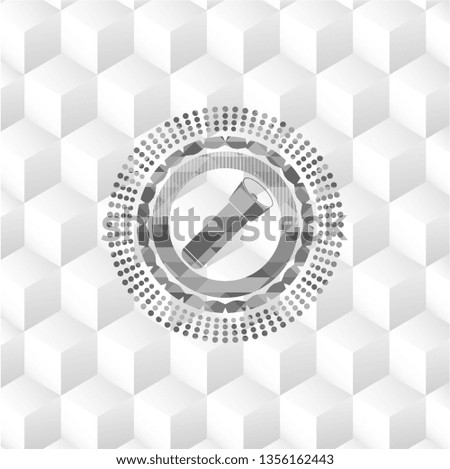 flashlight icon inside grey emblem. Vintage with geometric cube white background