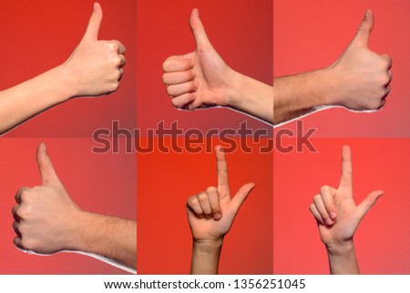 Male hand gestures and signs collection isolated over red background. Set of multiple pictures. Part of series