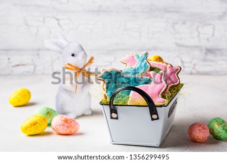 Easter homemade gingerbread cookie in shape of bunny and sheep