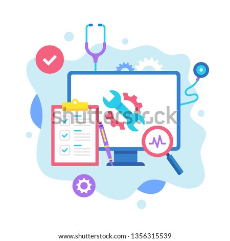 Computer repair concept. Vector illustration. Computer service, maintenance, diagnostic, technical support. Flat design graphic elements for websites, web pages, templates, infographics, web banners Royalty-Free Stock Photo #1356315539