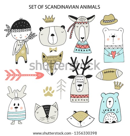 Big set of diferent cartoon animals. Cute handdrawn kids clip art collection. Vector illustration.