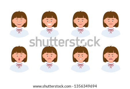Emotional face cartoon character young office woman design set. Happy, smiling, upset, surprised, sad, angry, shouting person flat concept