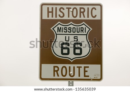 Historic Route 66 road sign in Missouri along Route 44, Crawford County, Missouri Royalty-Free Stock Photo #135635039