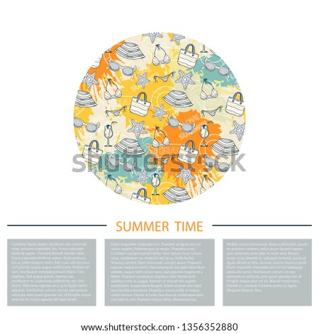 Summer vacationseamless pattern on a circle isolated on a white background with tropical leaves cocktail,palm,camera, swimsuit,hibiscus,shell,glasses, flowers,ice cream,coralsun cream