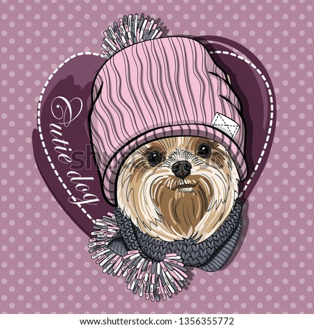 Pretty Yorkshire Terrier with knitted pink hat and knitted scarf. Hand drawn illustration of dressed dog.  Vector illustration.