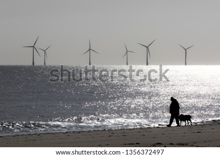Loneliness and solitude. Peaceful landscape image of lonely person walking a dog. Mans best friend. Wind farm turbines on the sea beach horizon. Mindfulness and contemplation with tranquil background