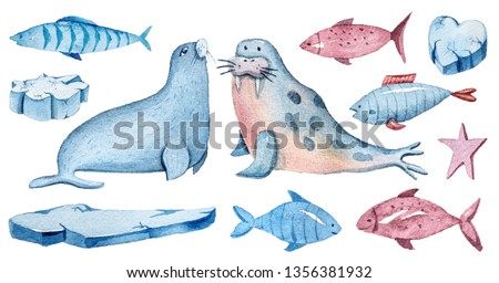 Watercolor hand painted arctic animals. Illustration on white background. Perfect for stickers, wallpaper decoration, patterns, prints