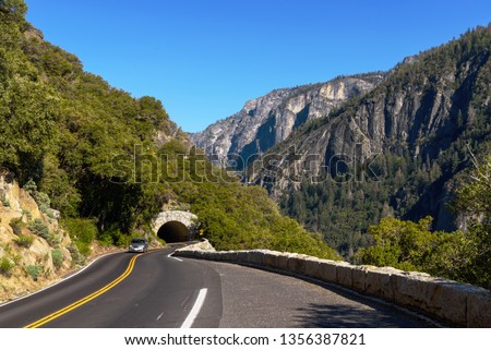 Driving through on Big Oak Flat Road, Yosemite National Park, California