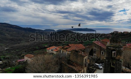 aerial view of a sea coast. Aerial view of an ancient town with sea in background. 