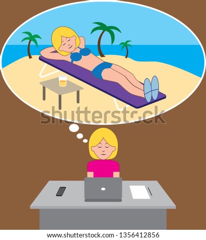 A young woman is working at her desk while daydreaming about a tropical vacation