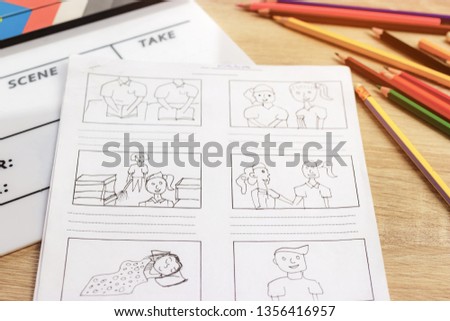 Storyboard drawing with pencil creative sketch cartoon. Storyboarding is process image displayed in sequence for purpose of pre-visualizing motion picture, interactive media. Concept sketching ideas.