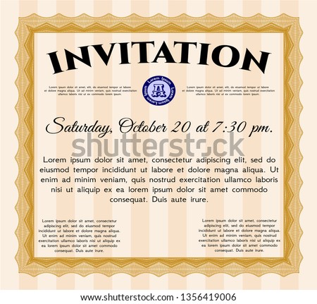 Orange Vintage invitation template. With linear background. Money Pattern design. Detailed. 
