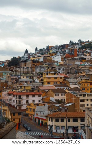 Colourful houses in 'La Marín' neighborhood on a hill in the old town of Quito, Ecuador