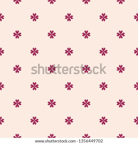 Vector floral minimalist seamless pattern. Simple abstract geometric background with small flowers, petals, crosses. Minimal ornament texture in dark red and beige color. Elegant repeated design