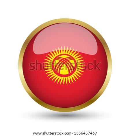 Golden round button national flag of kyrgyzstan with the reflection of light and shadow. Icon country. Realistic vector illustration.