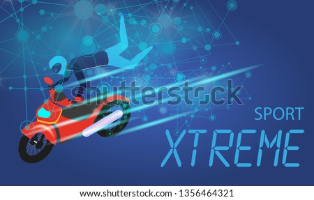 Xtreme Sport Banner. Biker Man in Suit and Helmet Riding Red Motocycle in Free Stile Doing Tricks and Jumps. Extreme Activity. Speed Race. Gradient Blue Background. Flat Vector Isometric Illustration.