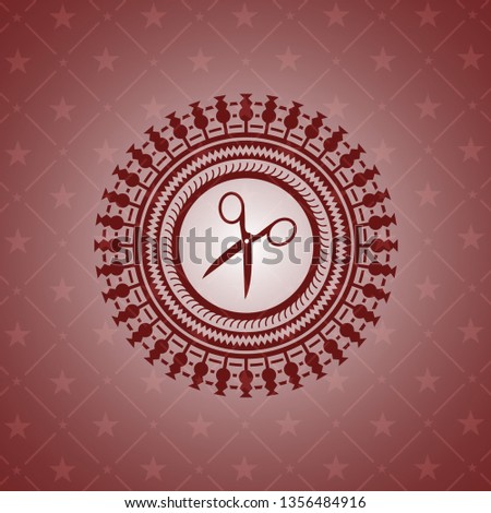 scissors icon inside realistic red emblem