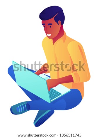 Young businessman sitting cross-legged and working at laptop, tiny people isometric 3D illustration. Distance learning, freelancer, blogger and developer concept. Isolated on white background.