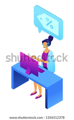Female operator with headset at computer working and speech bubble with percent sign, tiny people isometric 3D illustration. Cold calling, telemarketing sales concept. Isolated on white background.