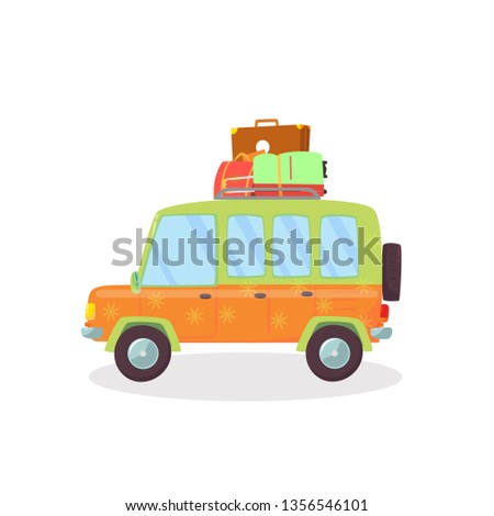Orange, Green Colored Modern Car with Suitcases on Roof Isolated on White Background. Side View of Comfortable Coupe Automobile for Family Traveling. Cartoon Flat Vector Illustration. Clip Art, Icon.