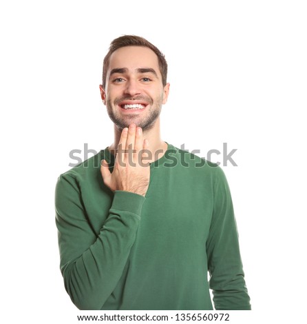 Man showing THANK YOU gesture in sign language on white background