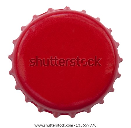 A red metal bottle cap used on glass bottles. Shot directly above, isolated on white background. Royalty-Free Stock Photo #135659978