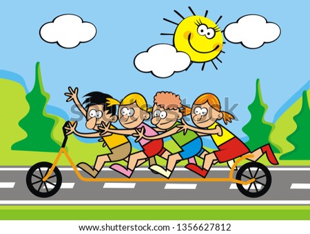 Happy kids on the push scooter, funny vector illustration. A group of young boys and girls rides a scooter on the road. At background are sky with sun and hills with trees.