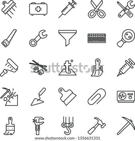 thin line vector icon set - scissors vector, clip, bag of a paramedic, winch hook, building trowel, small tools, arm saw, paint roller, plastic brush, wooden, putty knife, spatula, temperature
