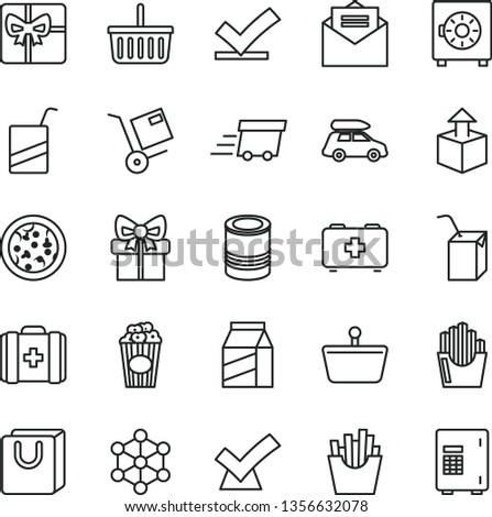thin line vector icon set - grocery basket vector, bag of a paramedic, medical, e, packing juice with straw, received letter, strongbox, handles, package, shipment, unpacking, tin, pizza, shopping