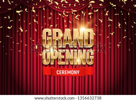 Grand opening banner with red curtain and falling gold confetti. Ceremony presentation. Vector illustration.