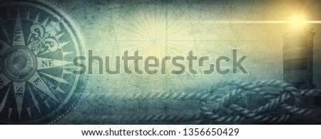  Old sea compass, lighthouse and sea knot on abstract map background. Pirate, explorer, travel and nautical theme grunge background. Retro style.