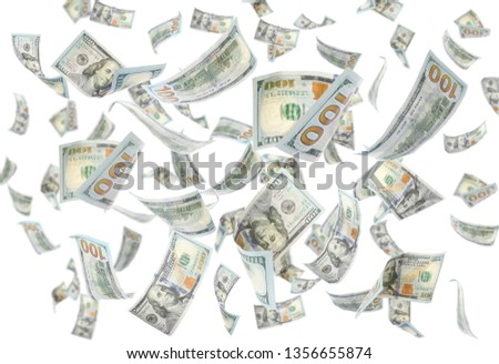 Many flying American banknotes on white background