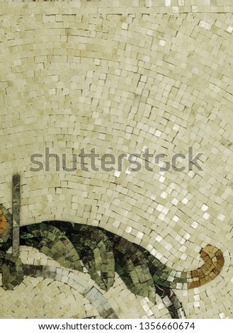 Marble mosaic background. Panel of marble mosaics. Selective focus. A multi-colored picture created by pieces of multi-colored marble