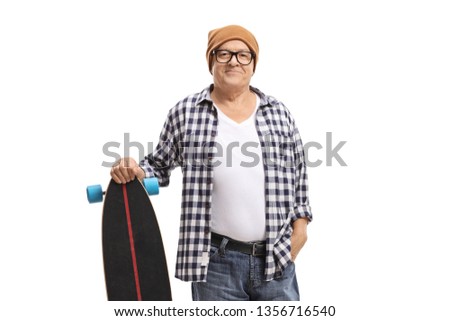 Mature male skater with a longboard isolated on white background
