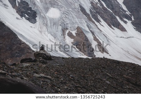 The concept of loneliness. Dramatic picture. A man in the distance sits on a rock high in the mountains against the backdrop of a glacier and fog.