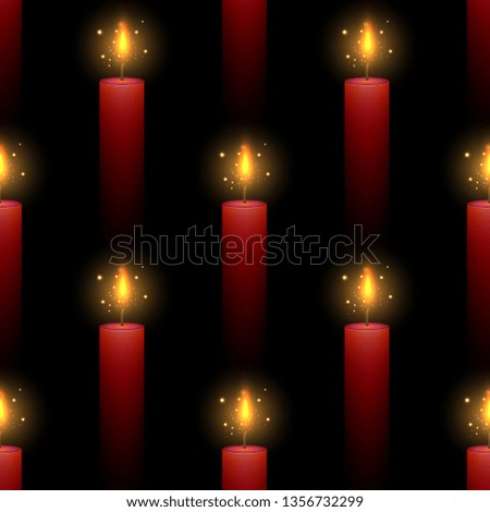 Seamless pattern with red burning candles on a dark background. Vector texture in clipping mask for fabrics, backgrounds and your creativity