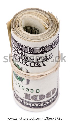 A bunch of 100 American Dollars money notes rolled up and held together with a simple rubber band. Isolated on white background.