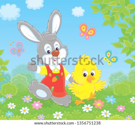 Little grey bunny and his friend a small yellow chick walking and waving in greeting among colorful butterflies and flowers on a sunny spring day, vector illustration in a cartoon style