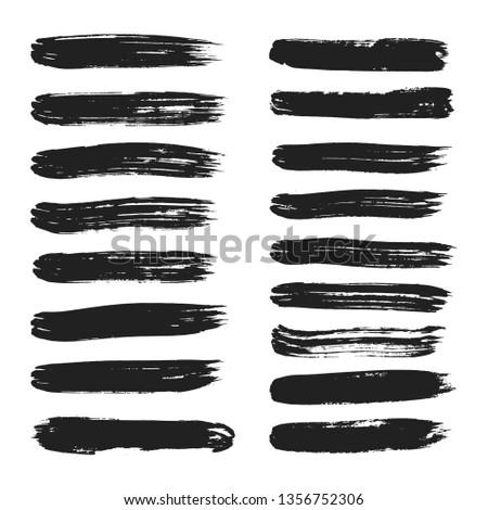 Collection of line hand drawn trace brush strokes black paint texture set vector illustration isolated on white background. Calligraphy brushes high detail abstract elements.