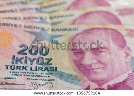 close up two hundred turkish lira banknotes in circulation