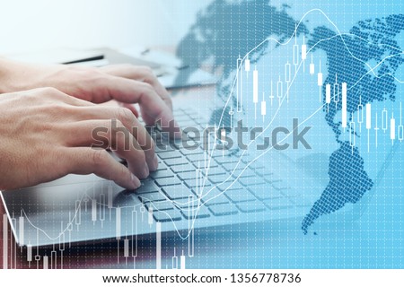 Global stock market concept. Using laptop for stock exchange.
World map, candlestick chart and laptop.
 Royalty-Free Stock Photo #1356778736