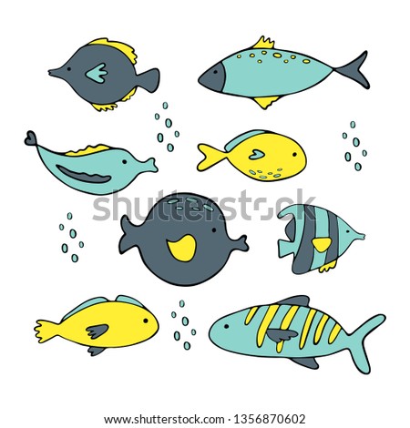 Vector set of hand drawn cute fishes. Ocean marine world. Vector illustration.