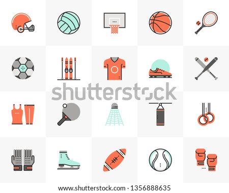 Flat line icons set of various professional sports equipment. Unique color flat design pictogram with outline elements. Premium quality vector graphics concept for web, logo, branding, infographics.